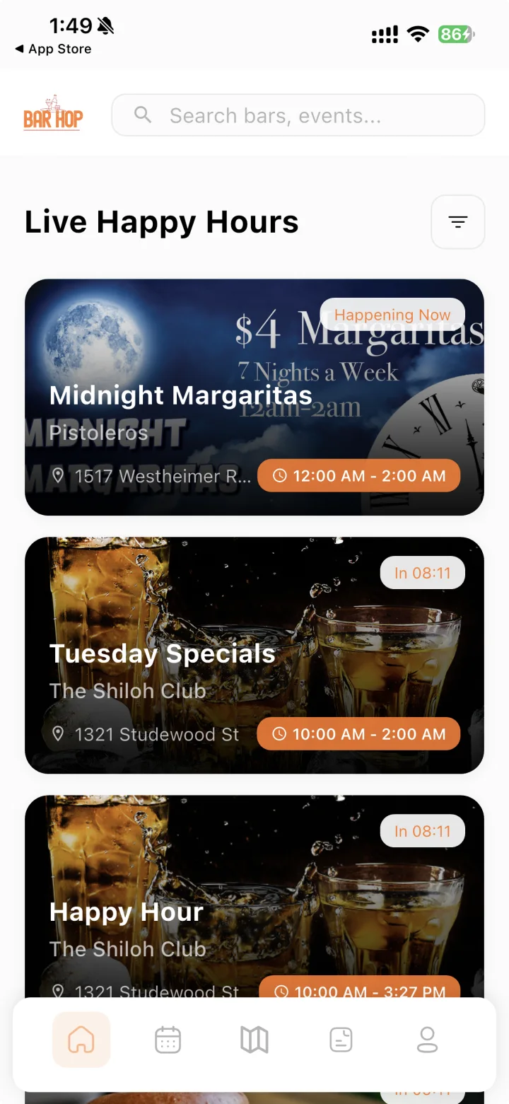 Barhop live happy hours screen