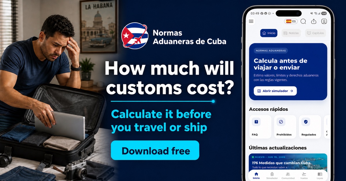 Normas Aduaneras de Cuba mobile app interface and product presentation